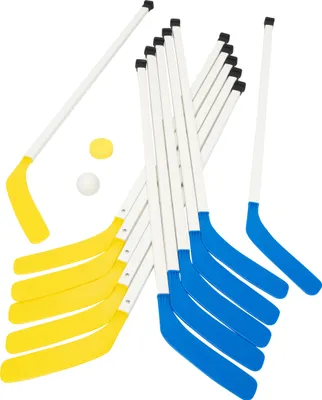 Produktbild von Hockey-Set mit 12 schlagfesten Schlägern (95 cm), 1 Puck und 1 Ball für Halle und Rasen, Spieler 160-190 cm