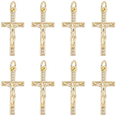 Produktbild von Rosenkranzkreuz Anhänger - 18K vergoldet mit klaren Zirkonia Strasssteinen - Für Schmuckherstellung DIY Armbänder und Halsketten - 8 Stück