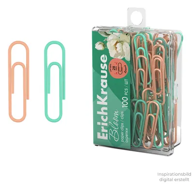 Pastellfarbene Büroklammern in einer transparenten Kunststoffbox für Büro, Schule und Zuhause.