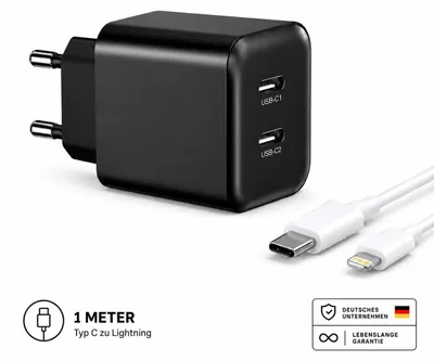 Obrázok produktu pre Nabíjačka USB-C s 2 portmi USB-C, univerzálny napájací adaptér – čierna / Lightning, 1 meter