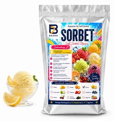 Produktbild von Bazko Zitrone Eispulver für Eismaschine | 1 kg für ca. 3,5 kg Sorbet, KI-generiertes Bild