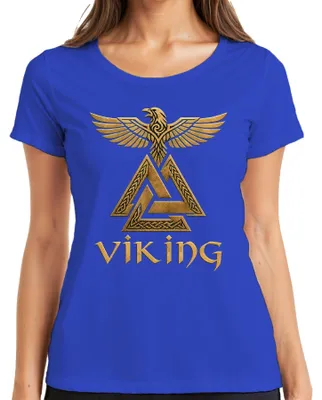 Immagine prodotto di T-shirt blu, taglia M, con il simbolo del Valknut, il corvo, il nome "Odin" e riferimenti alla mitologia nordica, ai guerrieri, a Valhalla e alle donne