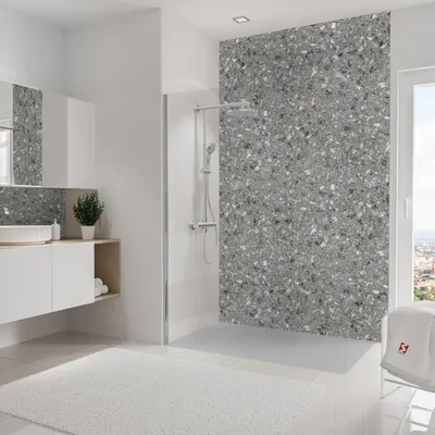 Produktbild von Schulte Duschrückwand Softtouch, 150x255 cm, Wandverkleidung Terrazzo-Grau, Aluminiumverbundplatte, fugenloser Fliesenersatz, EP19015254-854