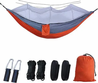 Obrázek produktu pro Cestovní houpací síť (260 x 140 cm) s ultralehkou moskytiérou pro kempování a zahradničení, včetně tašky pro přežití