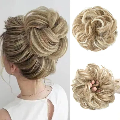 Produktbild von Haarteil Mit Gummiband, Groß Dutt Haarteil Blond Gelockt Haargummi Mit Haaren Hochsteckfrisuren Haarverlängerung Messy Bun Haarteile für Damen Mädchen Pferdeschwanz (Schmutziges Blond)