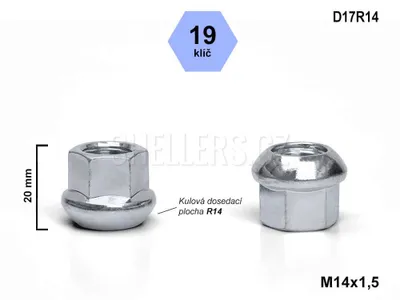 Obrázok produktu pre Matica kolesa M14x1,5 guľa R14 otvorená, D17R14, kľúč 19, výška 20 mm