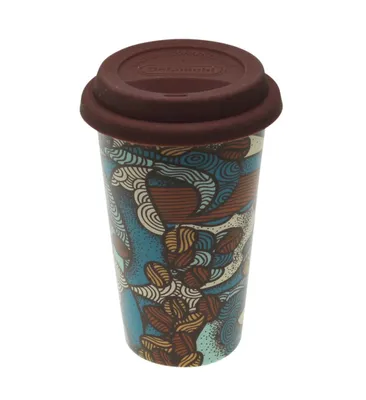 A ceramic travel mug with a patterned design and a brown lid, isolated on a white background.