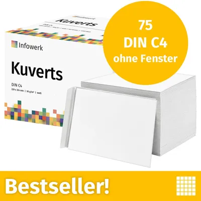Image de NOUVEAU : Infowerk Enveloppes sans fenêtre, DIN C4, non imprimées, 75 pièces