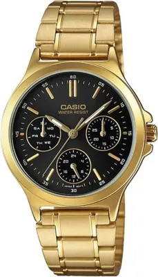 A close-up studio shot of a gold Casio watch with a black dial.