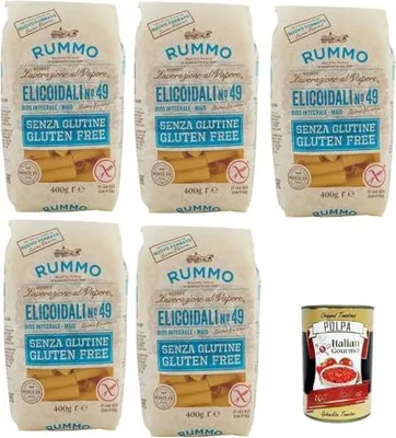 Produktbild von Rummo Pasta Nudeln Glutenfreie Elicoidali N 49, Bronze Gezeichnete gluteinfrei, perfekt für Menschen mit Zöliakie oder Glutenunverträglichkeit, 5x 400 g + Italian Gourmet polpa 400g