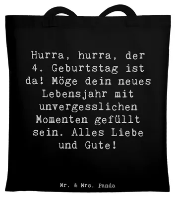 Produktbild von Mr. & Mrs. Panda Tote Bag Spruch 4. Geburtstag Feiern - Schwarz - Geschenk, Tragetasche, Alter 4, Geburtstagsgeschenk, Jutebeutel, Shopping Tasche, Happy Birthday