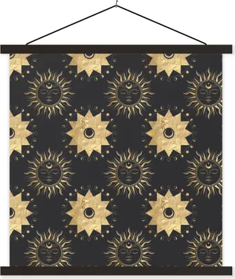 Produktbild von MuchoWow® Textilposter Muster - Sonne - Sterne - Gold 60x60 cm mit schwarzem Rahmen - Posteraufhänger
