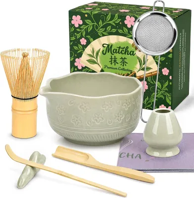 Produktbild von Matcha-Set 7-teilig, natürliche Materialien, inklusive Schale und Bambusbesen, für traditionelle Zubereitung