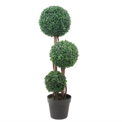 Imagen del producto de Árbol artificial con forma de esfera topiaria, estilo boj, de 90 cm. Planta artificial de bajo mantenimiento, ideal para interiores y exteriores. Color verde