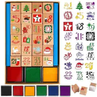 Holz-Stempel-Adventskalender 1-24, 6 Stück, DIY-Bastelset