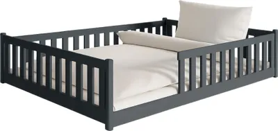 Produktbild von Kinderbett Bodenbett 140x200 cm mit Rausfallschutz & Lattenrost Montessori Bett Bed Gitterbett Kinder Jugendbett Einzelbett | Graphit