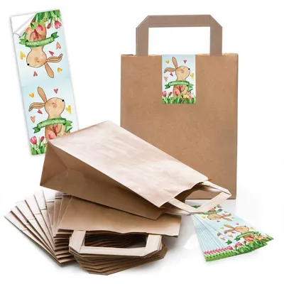 Produktbild von 25 kleine braune Papiertüte Ostern Oster-Verpackung Geschenktasche 18 x 8 x 22 cm kleine Papiertaschen + 25 Aufkleber grün braun HASENGRUSS Ostergeschenke verpacken Kinder Osternest"Frohe Ostern" Hase bunt / 25 Stück