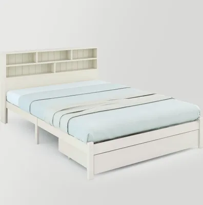 Immagine prodotto di Letto matrimoniale Okwish in legno massello con cassetti e rete a doghe, libreria per adolescenti e adulti, letto per bambini, 140x200 cm, bianco