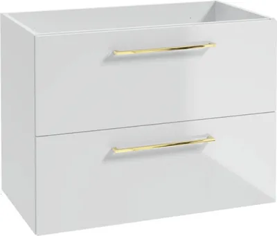 A white bathroom cabinet with two drawers and gold handles, shown against a white background.