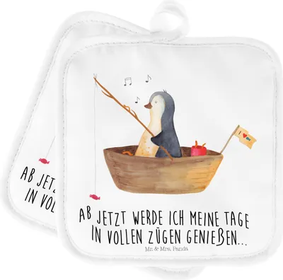 Produktbild von Mr. & Mrs. Panda Topfuntersetzer Pinguin Angelboot - Weiß - Geschenk, Optimistisch, Kochlappen, Motivation, topfhalter, Topflappen Set, Genießen, Boot, 2er