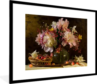 Produktbild von MuchoWow® MuchoWow® Gerahmtes Poster Blumen - Korb - Obst 80x60 cm - Poster mit zchwarzem Bilderrahmen - Schlafzimmer-Dekorationen - Fotoposter