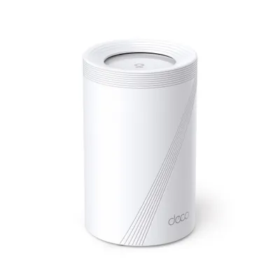 A white cylindrical mesh Wi-Fi system unit is shown against a white background.