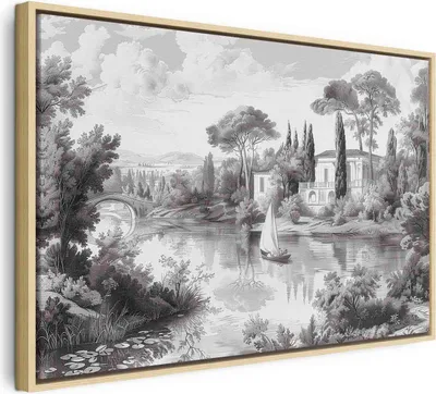 Produktbild von Italienischer Leinwand Leinwandbild - Black and White Vintage Landscape Retro View of a Pond with a Boat 90x60 cm Landschaften c-H-10047-b-a