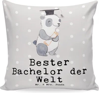 Produktbild von Mr. & Mrs. Panda Deko Kissen Panda Bester Bachelor der Welt - Grau Pastell - Geschenk, Spaß, Universität, Sofa, Dekokissen, Studium, kuschelkissen 40x40, Geschenkidee