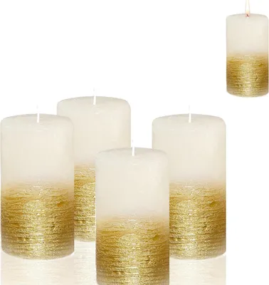 Produktbild von Rustik Stumpenkerzen Weiß Gold 4er Set – Kerzen 12cm 54h Advent
