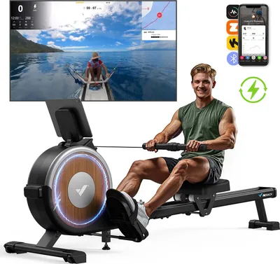 Produktbild von Merach magnetisches Rudergerät – 16 Stufen Widerstand, Doppelschienen, Bluetooth-App (Kinomap), Tablet-Halter, leise, vertikal klappbar, bis 158 kg