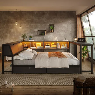 Produktbild von Flieks Tagesbett 140x200cm mit 2 Schubladen, Jugendbett Metallbett mit Schreibtisch und Led, Kinderbett Doppelbett mit Stauraum-Kopfteil, Schwarz