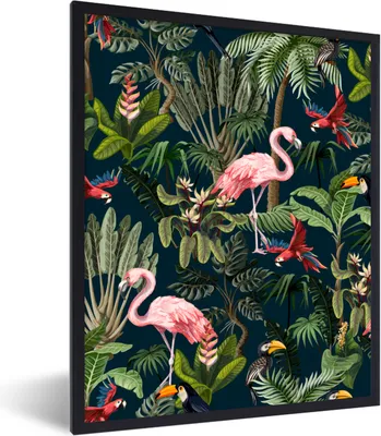 Produktbild von MuchoWow® Gerahmtes Poster Jungtiere - Muster - Kinder - Flamingo - Papagei - Kinder 60x80 cm - Poster mit Schwarzem Bilderrahmen Wandposter Rahmen Foto Bilder - Premium - Wanddeko Wohnzimmer
