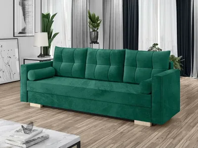 Produktbild von Schlafsofa KAYA Sofa mit Schlaffunktion und Bettkasten, Klappsofa, Schlafcouch mit Füßen aus Holz, Couch in Frabe: Grün, Veloursstoff