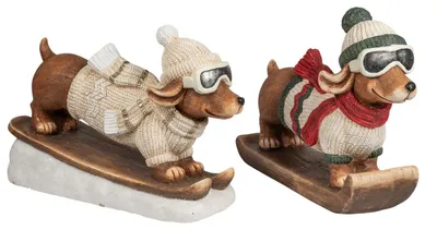 Produktbild von Formano 2er Set Dackel auf Snowboard 50 cm Deko Winterdeko Weihnachtsdeko