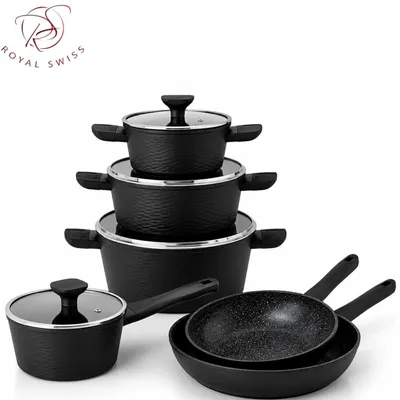 Image de Batterie de cuisine 10 pièces en aluminium forgé, compatible avec l'induction, avec couvercles en verre et revêtement antiadhésif  Royal Swiss