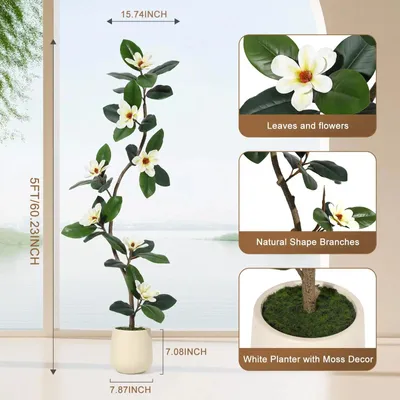 Image de Ficus artificiel avec fleurs de magnolias - Ficus en pot de 150 cm - Plante artificielle très réaliste - Grande plante en plastique - Décoration d'intérieur - Pot blanc