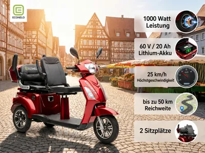 Produktbild von E-Seniorenmobil Billy 2.0, Lithium-Akku, 3-Rad, 1000 Watt, Rot, KI-generiertes Bild