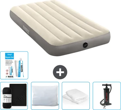 Produktbild von Intex Luftbett – 1 Person – 99 x 191 x 25 cm – Beige – im Lieferumfang enthalten Spannbettuch - Küssen - Pumpe - Reperaturset en Kissenschutz