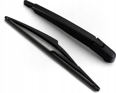 A black car windshield wiper arm and blade are shown against a white background.