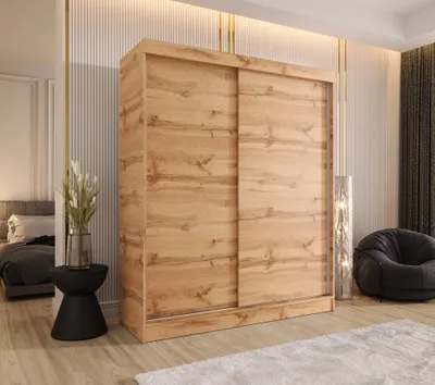 Produktbild von Schwebetürenschrank 2-türig 160x205x58 cm Eiche Wotan mit 2 Schubladen – Moderner Kleiderschrank für Schlafzimmer und Flur