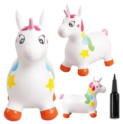 Produktbild von SUN BABY hüpftiere ab 1 Jahr mit Pumpe aufblasbares Hüpfspielzeug aus hochwertigem und strapazierfähigem Gummi weißes Einhorn mit rosa Horn
