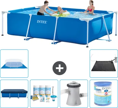 Produktbild von Intex-Schwimmbecken mit rechteckigem Rahmen – 300 x 200 x 75 cm – Blau – im Lieferumfang enthalten Abdeckung - Wartungspaket - Filterpumpe für Schwimmbad - Filter - Bodenplane - Solarmatte