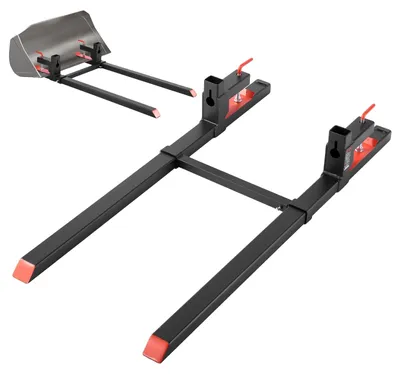 Obrázek produktu pro Paletové vidle VEVOR, upínací vozík s nosností 907 kg, celková délka 1490 mm, vidle s nastavitelnou stabilizační tyčí pro přídavná zařízení k traktoru, nakládací lopatu a smykem řízený nakladač, černá barva
