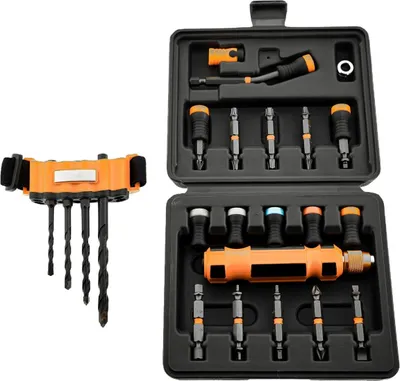 Obrázek produktu pro 9 magnetických ovladačů+1 magnetická páska+10 dvojitých bitů+4 vrtáky+1 držák hřebíků+1 kroužková zarážka+1 rukojeť