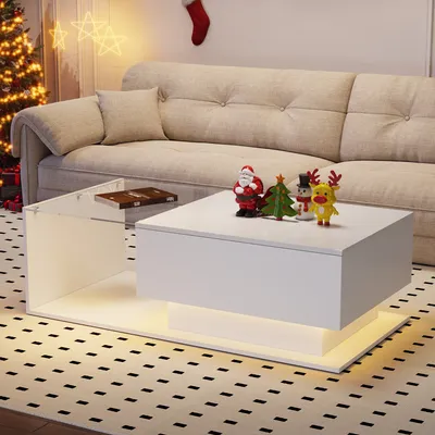Zdjęcie produktu dla Stolik kawowy Merax ze szklanym blatem i szufladą, stolik boczny o wysokim połysku z LED z APP, stolik do salonu 100x50x32cm, biały