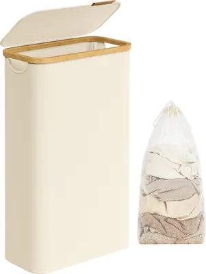 Produktbild von SONGMICS Wäschekorb mit Deckel, 65 L, herausnehmbarer Wäschesack,Griffe aus Bambus