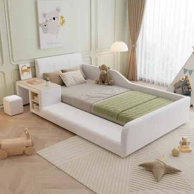 A child's bedroom with a white bed, desk, and stool.