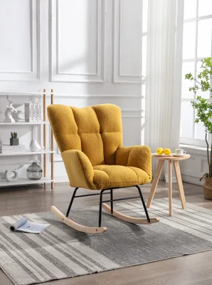 Obrázek produktu pro MODFU Moderní houpací křeslo z Teddy látky s vysokým opěradlem, patchworkové křeslo s kovovým rámem, houpací křeslo relaxační křeslo retro křeslo pro ložnici, obývací pokoj, žluté