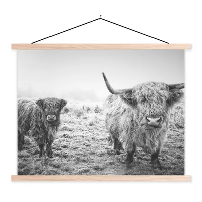 Produktbild von MuchoWow® Textilposter Schottische Hochlandbewohner - Licht - Himmel - Natur 60x45 cm mit holzfarbenen Rahmen - Bild