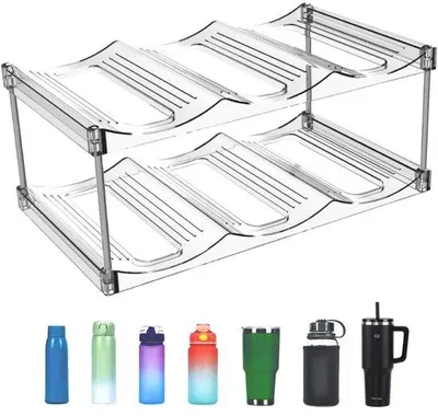Image de Porte-bouteilles pour réfrigérateur, étagère à bouteilles pour réfrigérateur, organiseur transparent à 2 niveaux pour bouteilles d'eau et de vin, chaque étagère pouvant contenir 3 bouteilles